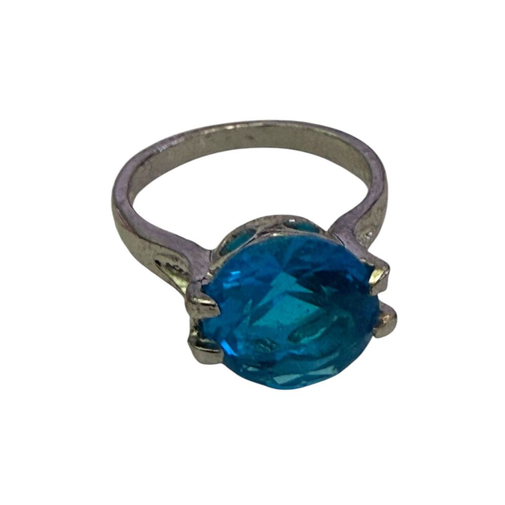 Blue Unique Solitaire Stone Silver Ring Size 9